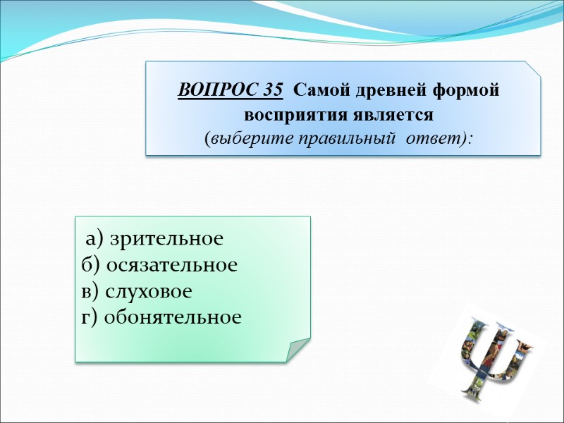 а) зрительное  б) осязательное  в) слуховое  г) обонятельное ВОПРОС 35 